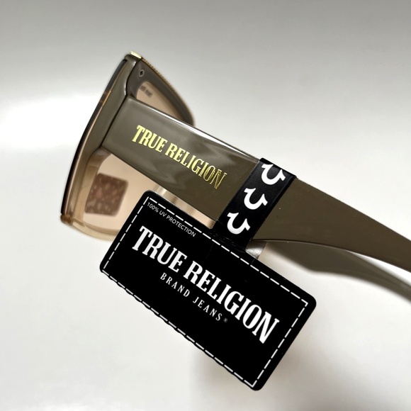 New Original TRUE RELIGION Square Sunglasses Oversized Beige Gold Trim